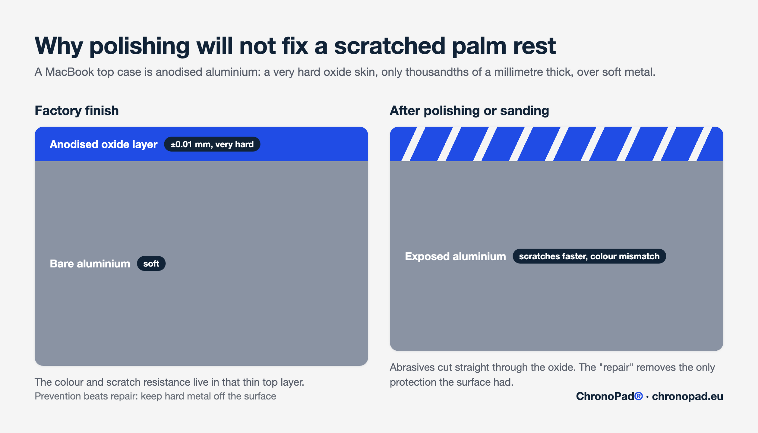 Infographic showing why polishing removes the anodised layer of a MacBook palm rest