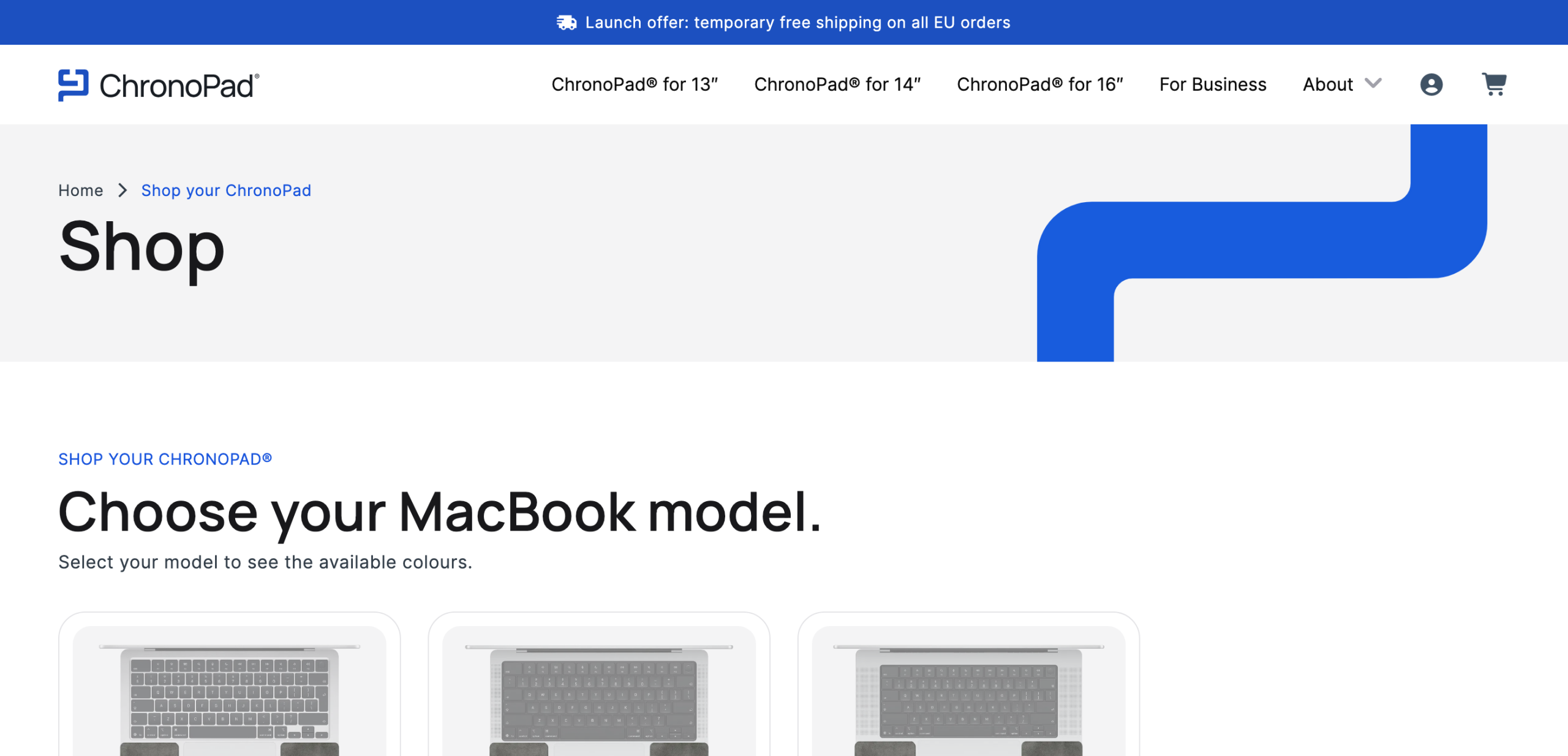 Screenshot of the ChronoPad shop page showing the MacBook Air 13, MacBook Pro 14 and MacBook Pro 16 model options